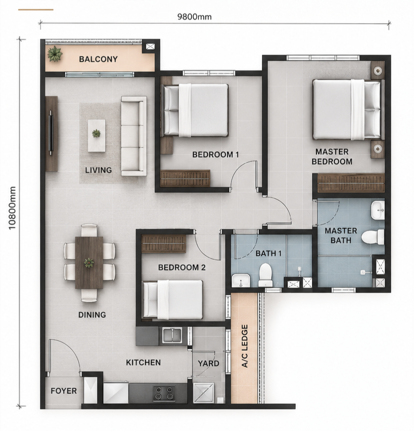 Type C1 Floor Plan with Balcony – The Celestz @ Kebun Teh