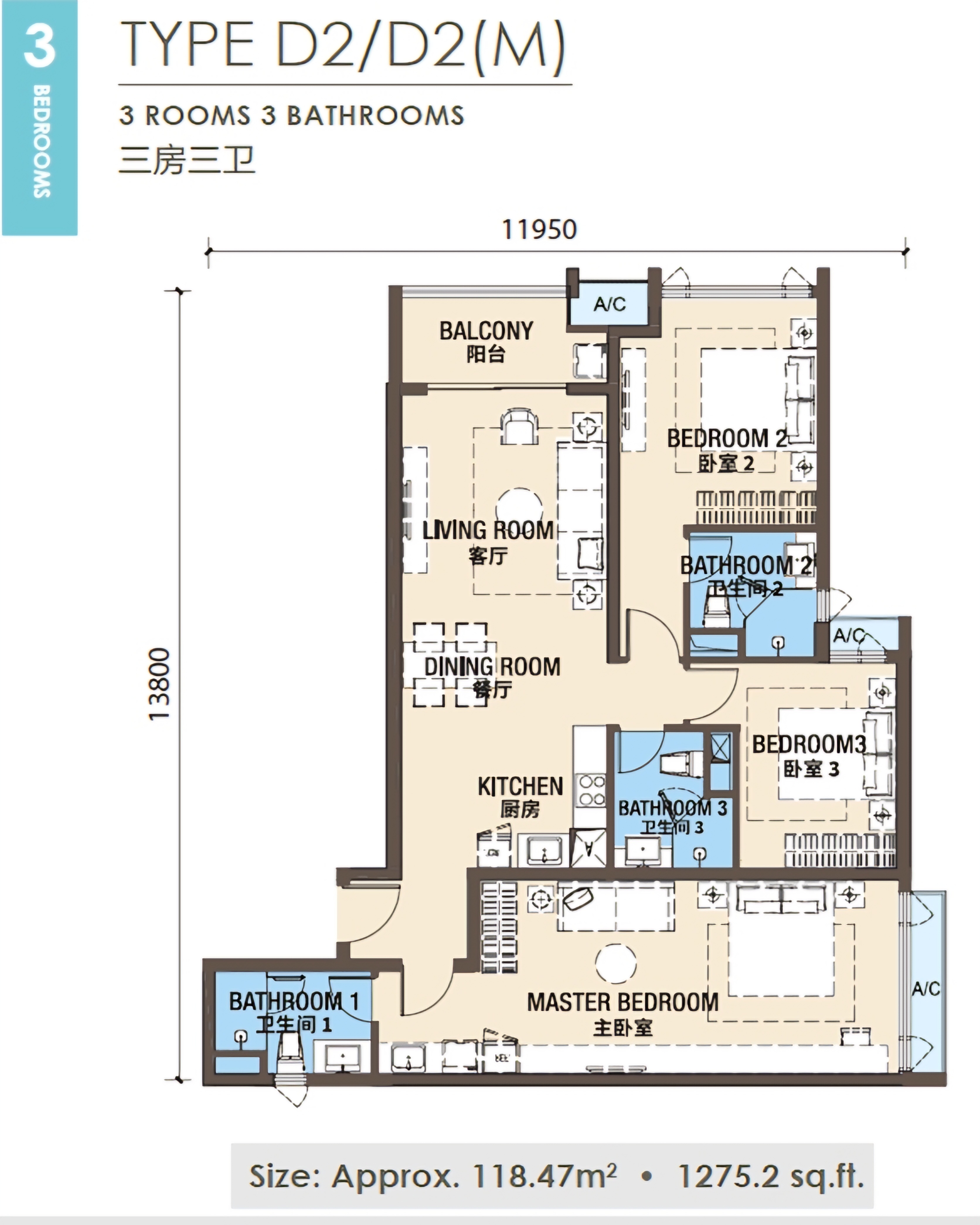 3 Bedroom Dual Key floor plan