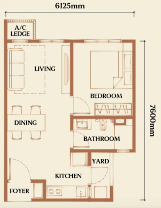 Type C 1-bedroom floor plan, 474 sqft