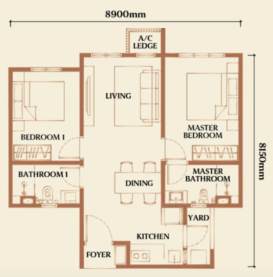 Type D2 2-bedroom floor plan, 667 sqft
