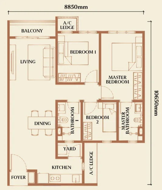 Type E1 3-bedroom with balcony floor plan