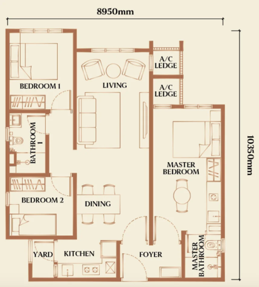 Type F2 3-bedroom dual key floor plan