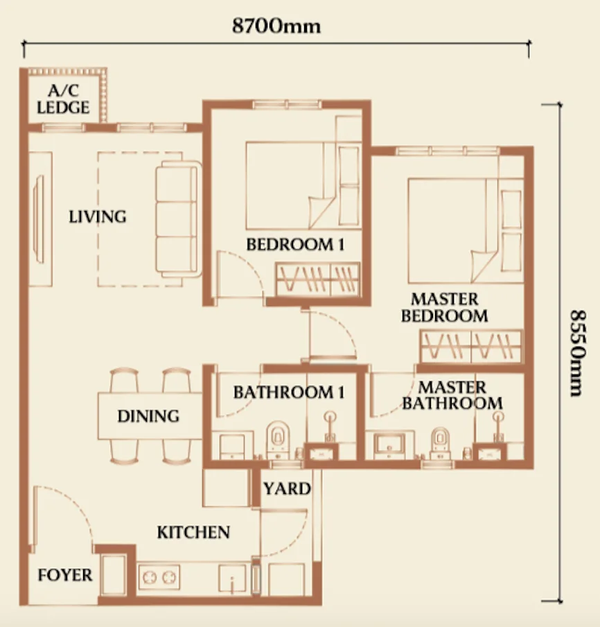 Type D1 2-bedroom floor plan, 667 sqft