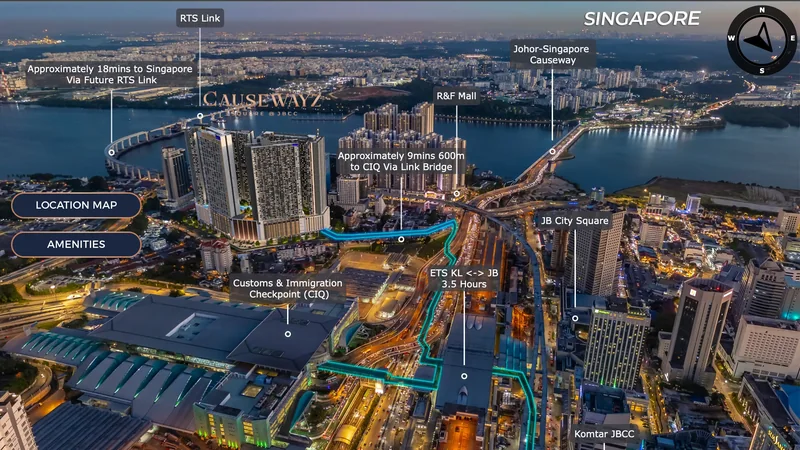 Location map showing Causewayz Square, the CIQ, the Causeway and Singapore
