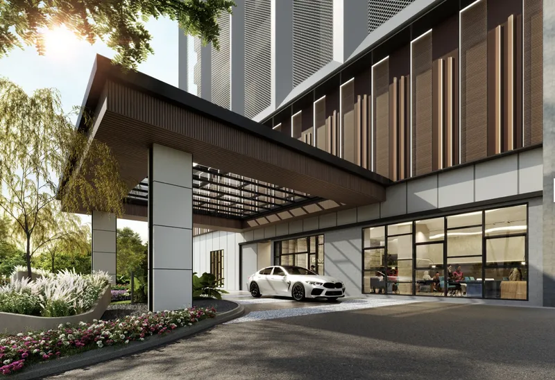 Covered drop-off at the tower lobby entrance