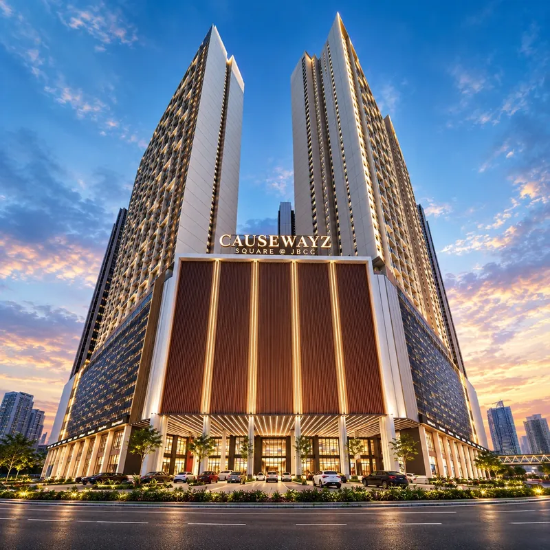Causewayz Square @ JBCC at dusk, twin towers above the lit retail podium with the Causewayz signage