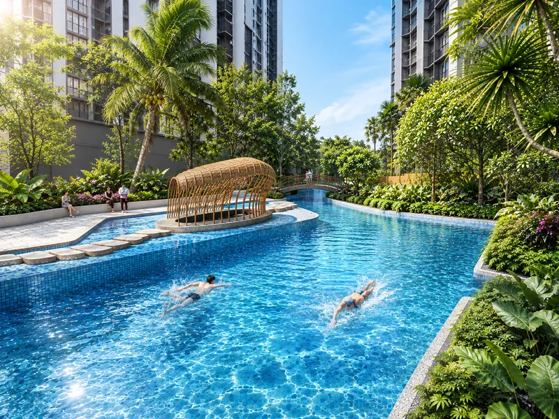 Residents swimming in the landscaped pool at Causewayz Square