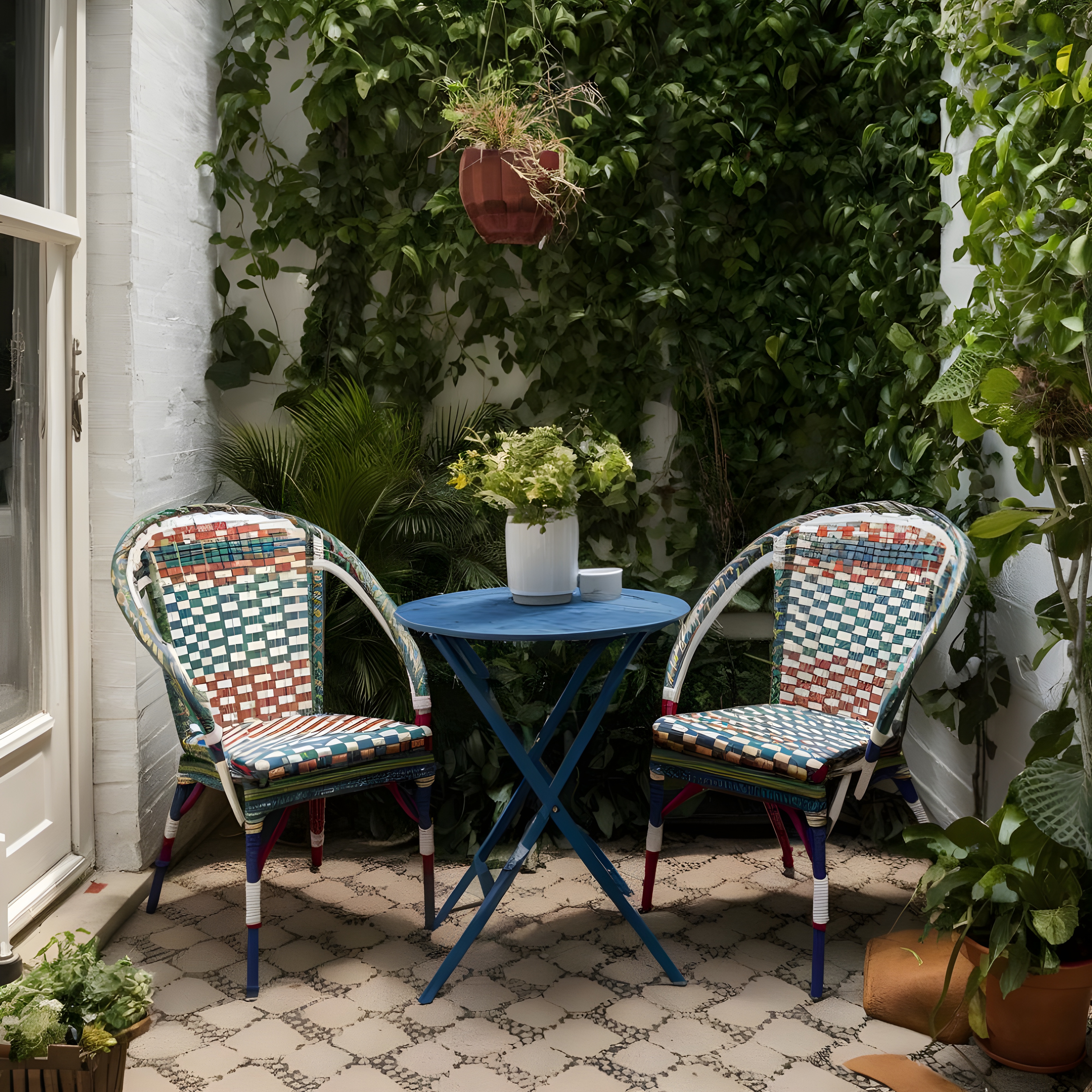 Terrasse végétalisée avec table bleue et plantes vertes entretenue par B2M Services à Genève et Vaud