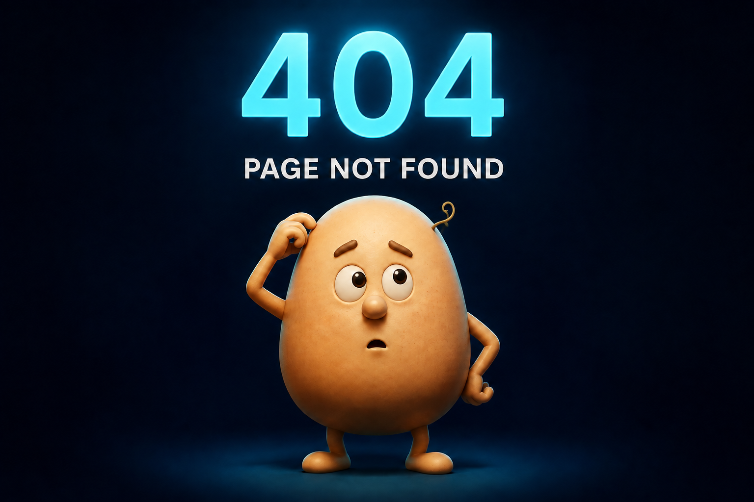 A confused cartoon potato beneath the words 404, page not found