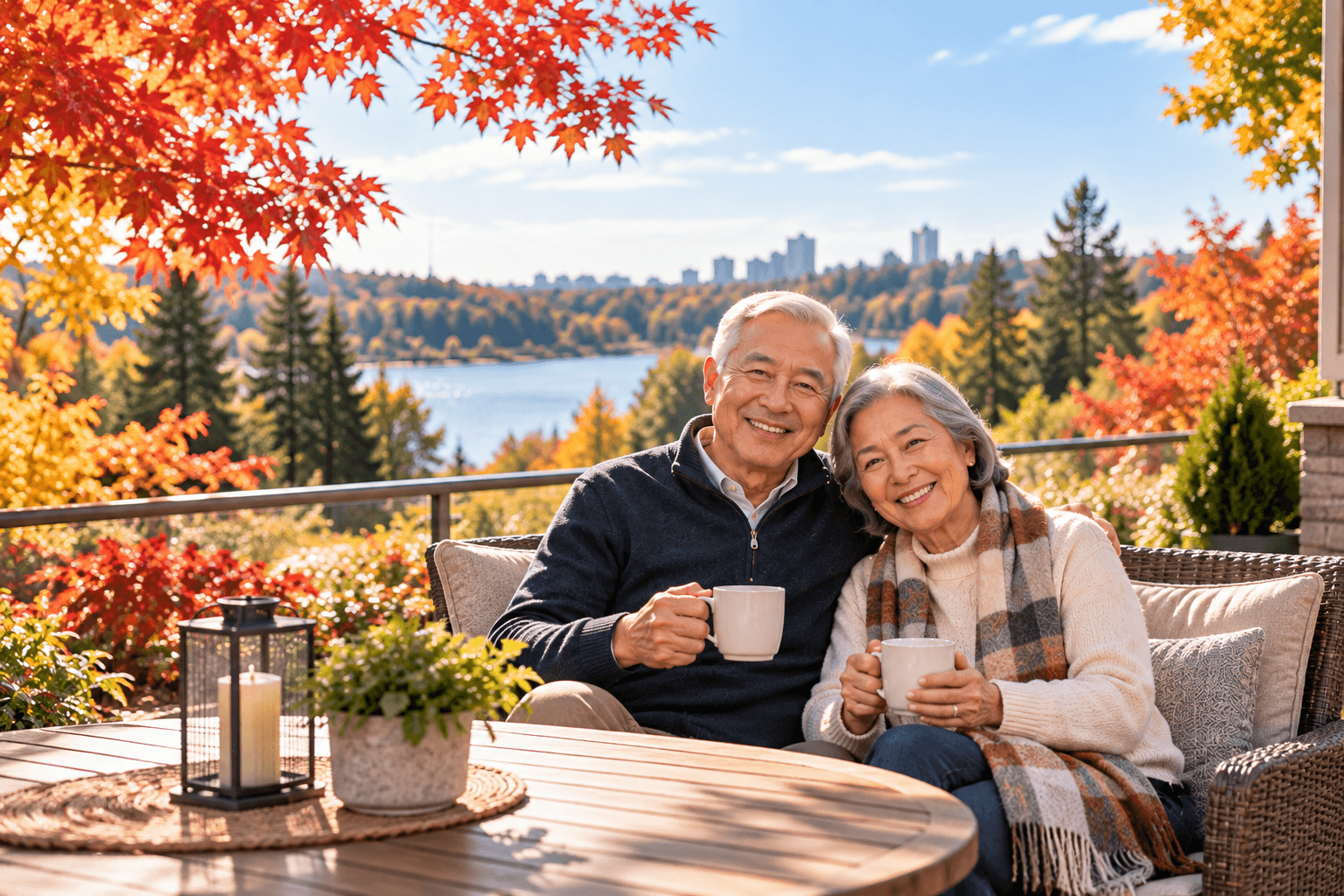A relaxed mature couple enjoying coffee on a deck overlooking an autumn lake