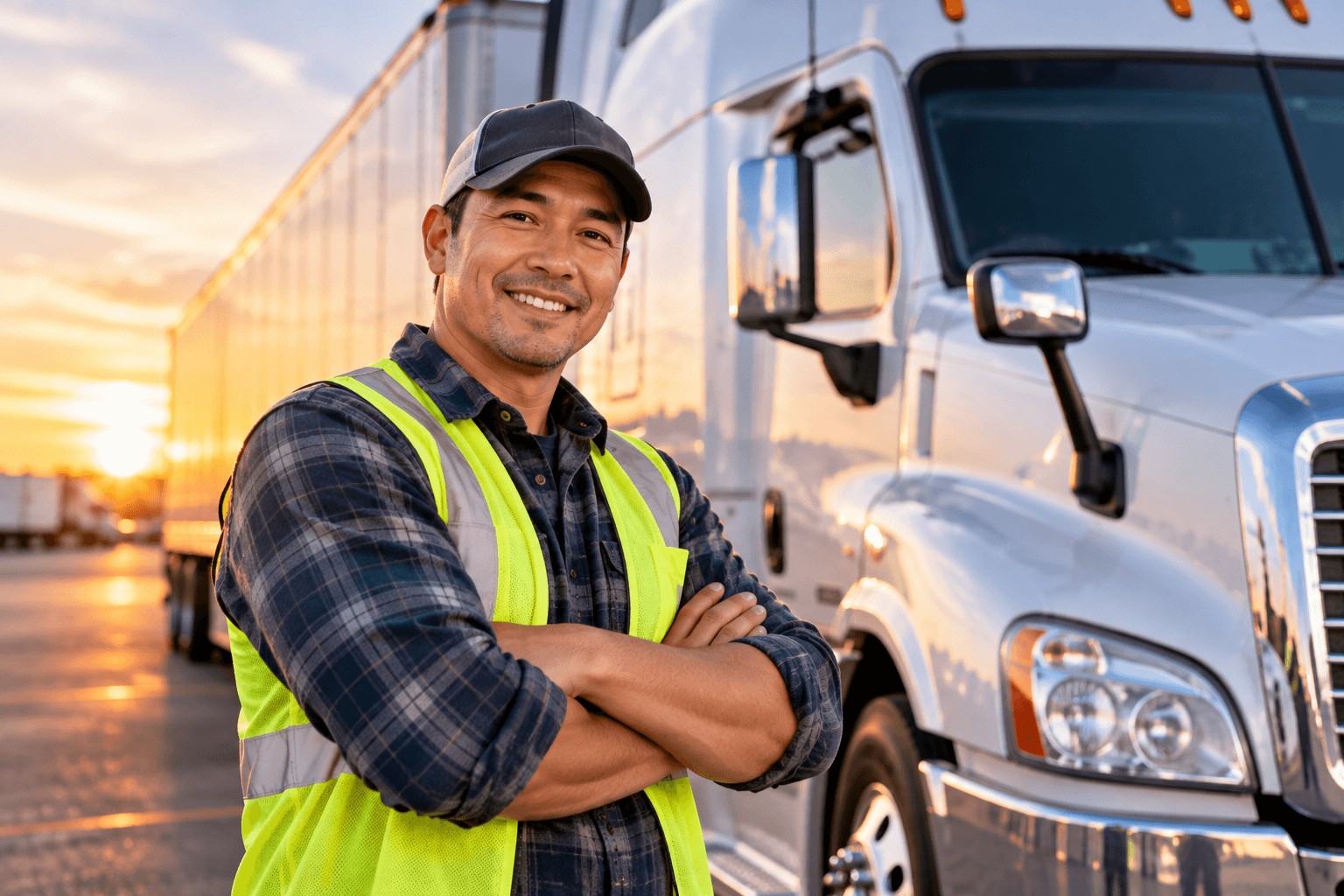 A confident long-haul truck driver in a safety vest standing beside his rig at sunset