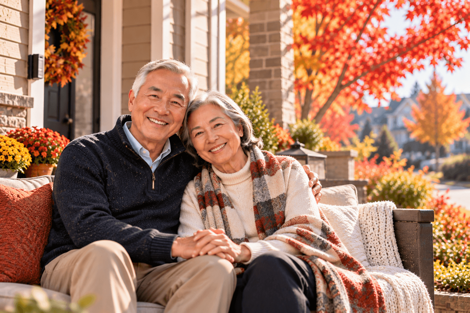 A senior couple sitting closely and holding hands on a front porch in autumn