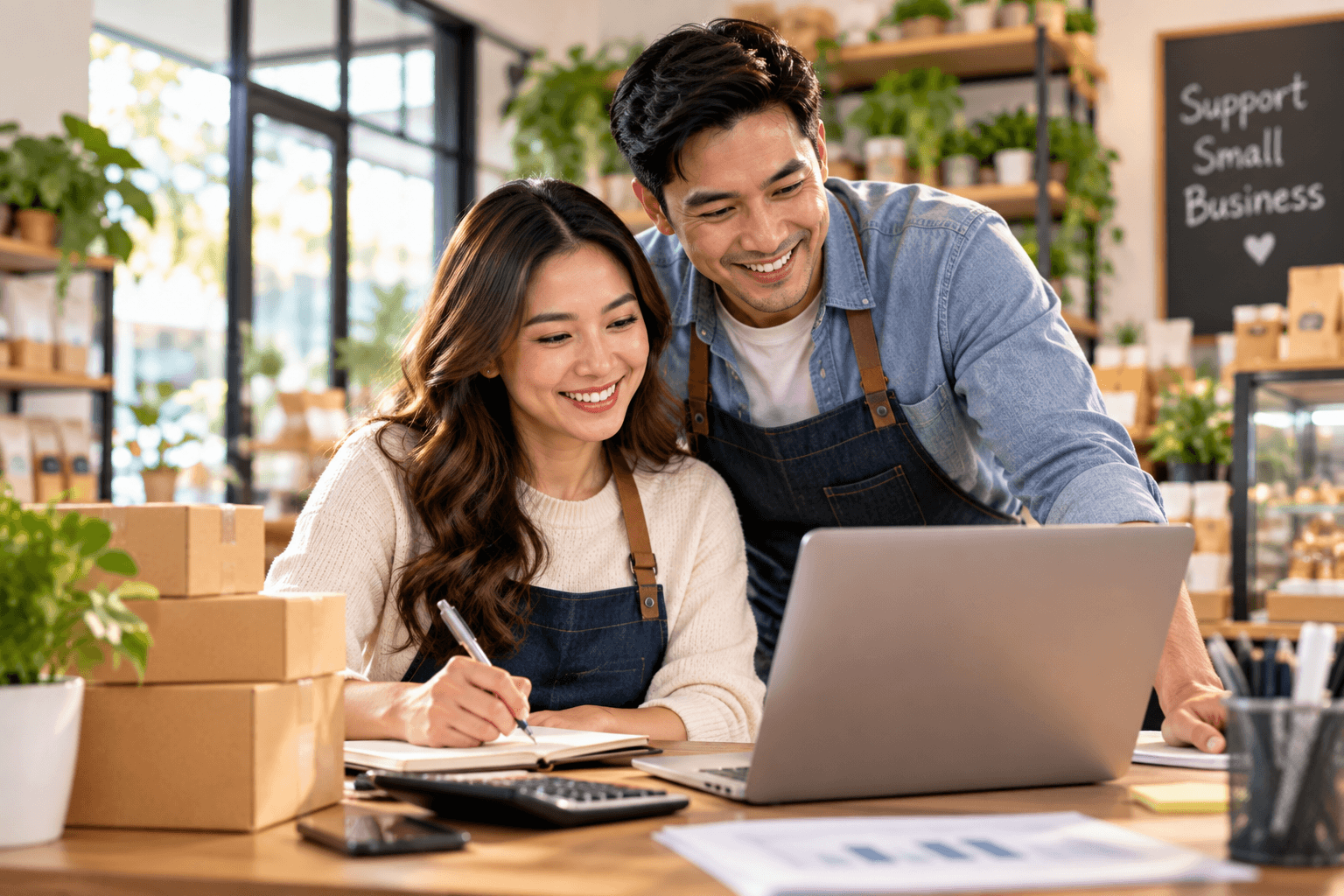Two small business owners in aprons reviewing orders on a laptop in their shop