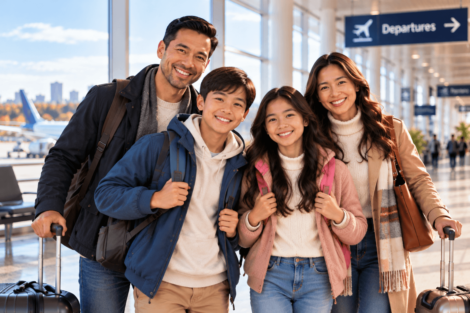 A family of four with luggage smiling at the airport under a departures sign