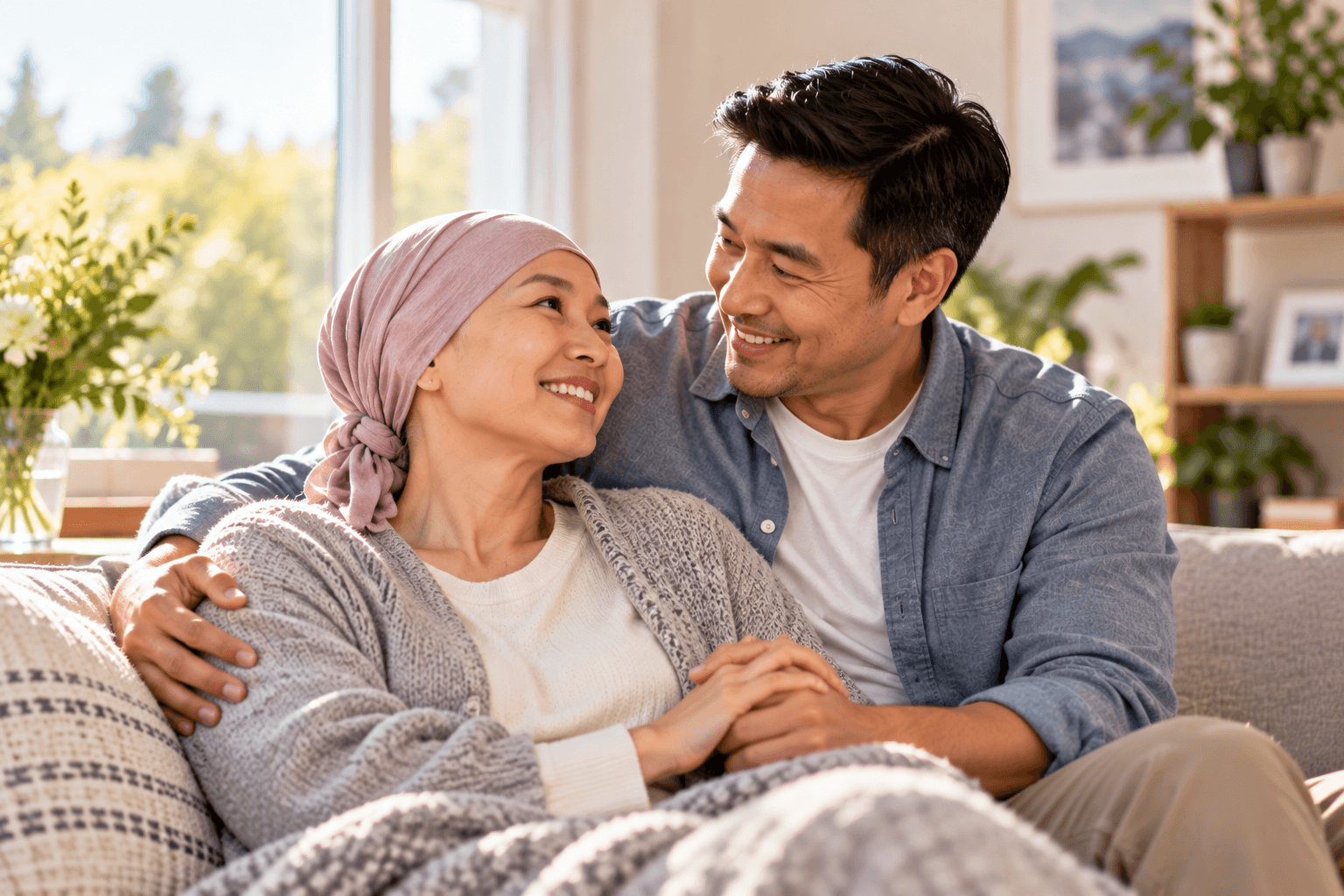A woman recovering at home, smiling with her partner's arm around her