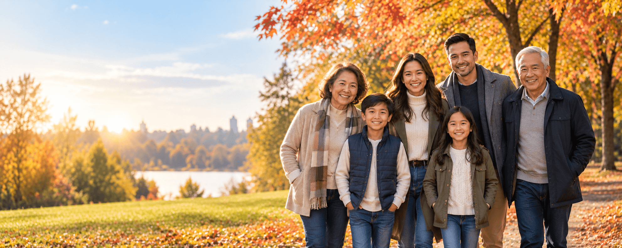A multigenerational Canadian family smiling together outdoors on a warm autumn day