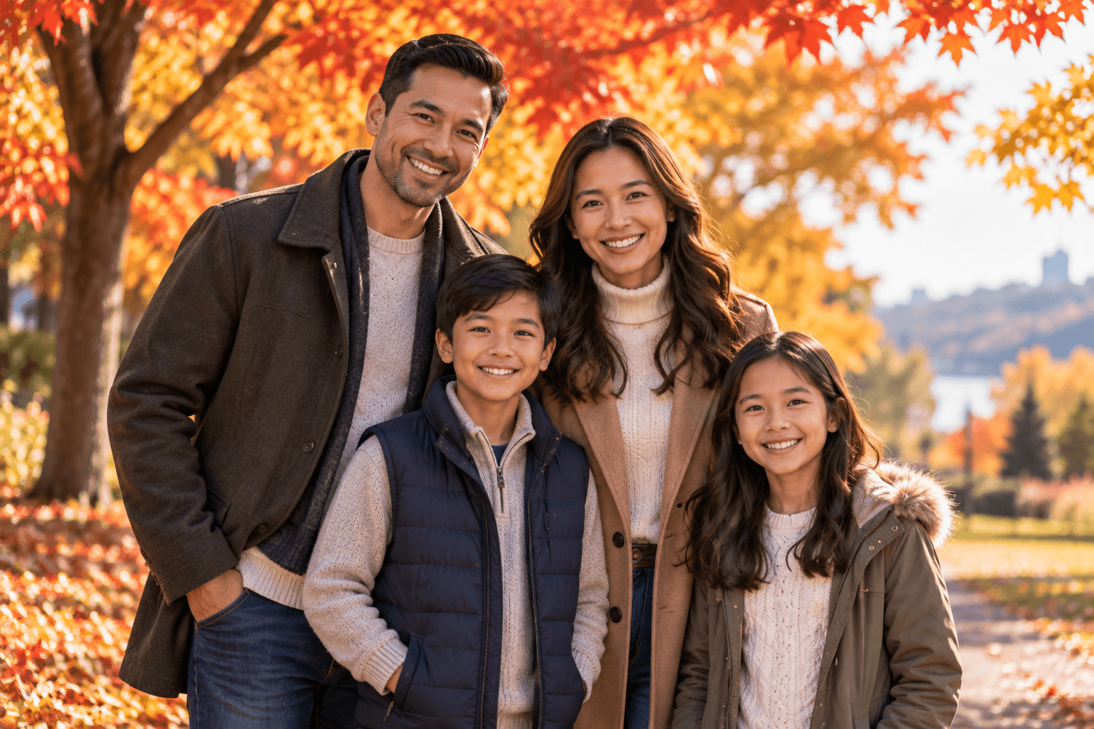 Parents and their two children smiling together under autumn maple trees