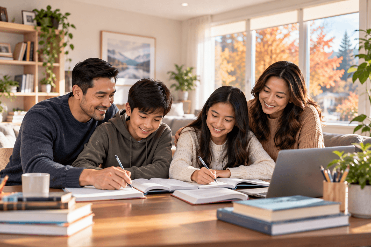 Two children studying at a table with their parents beside them at home