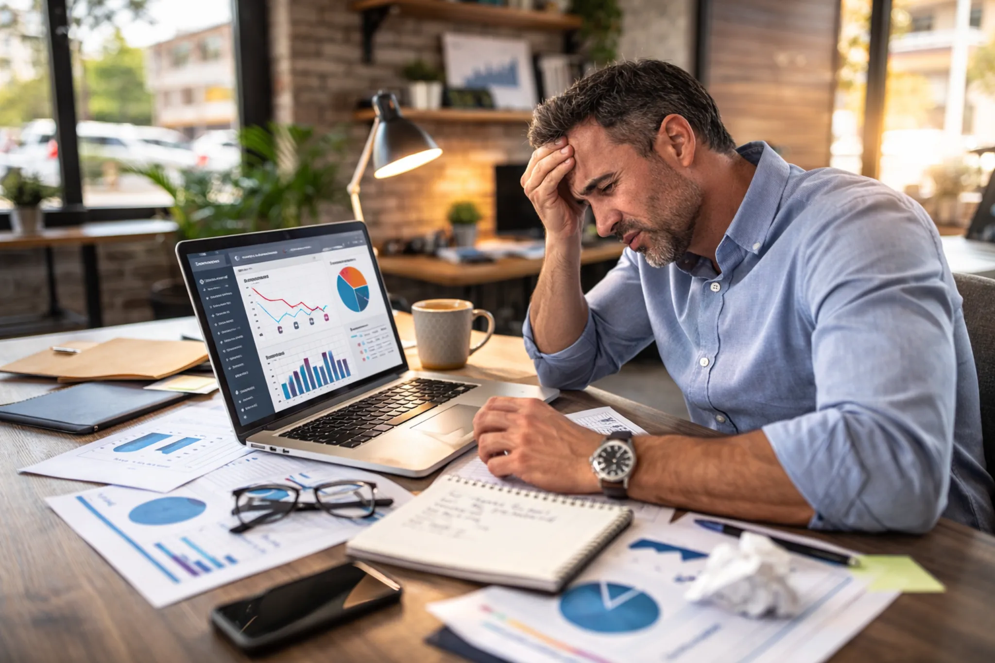 Frustrated small business owner reviewing declining website analytics on laptop, seeking Long Island SEO and digital marketing growth solutions