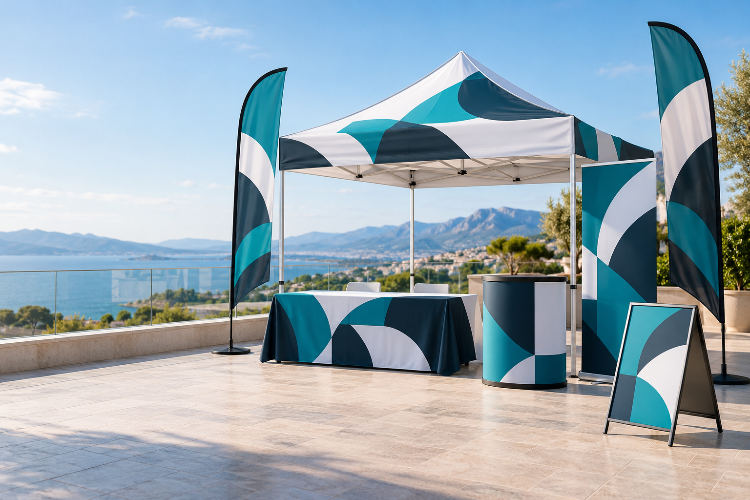 Outdoor exhibition display with a gazebo, feather flags, pull-up banner, covered table, promotional counter and A-frame sign in abstract teal and charcoal graphics