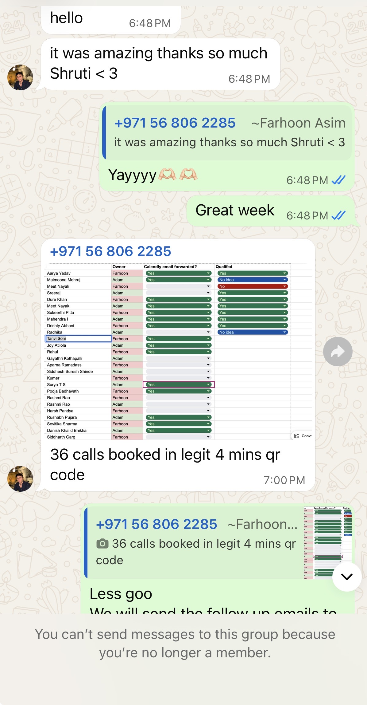 Farhoon's WhatsApp message: 36 calls booked