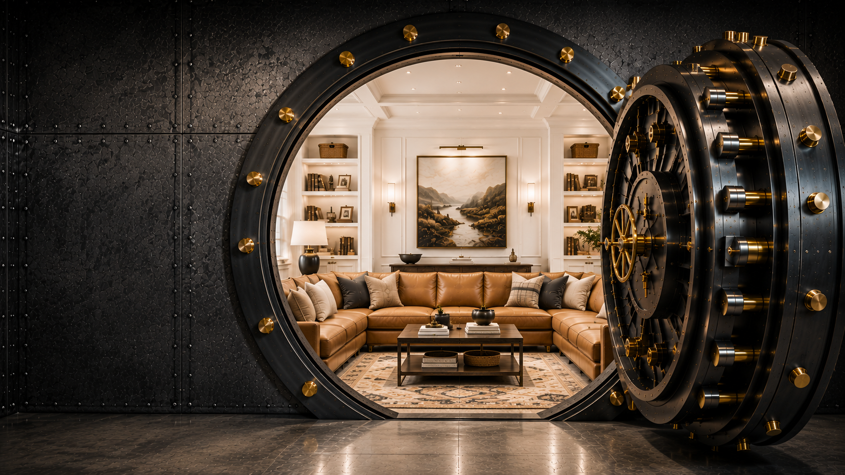 Vault door opening to luxury room