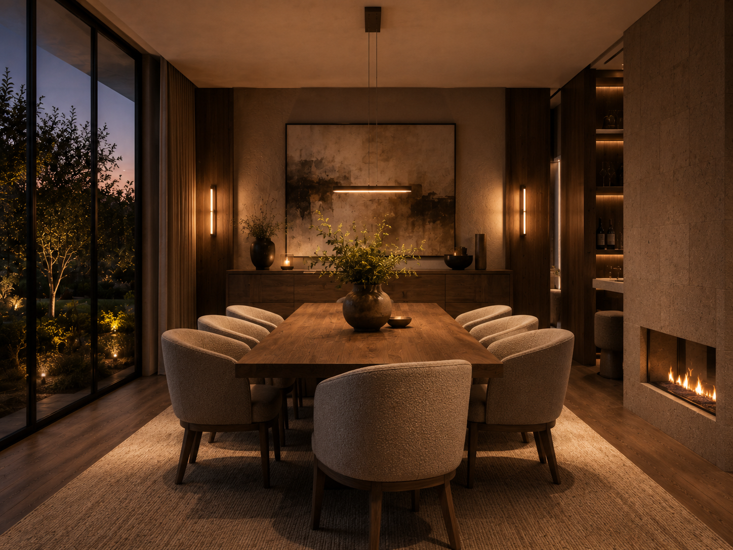 Ultra-modern minimalist living room with an emerald velvet sofa at dusk