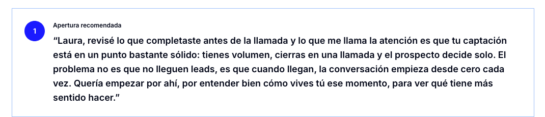 Apertura de llamada recomendada a partir de las respuestas del lead