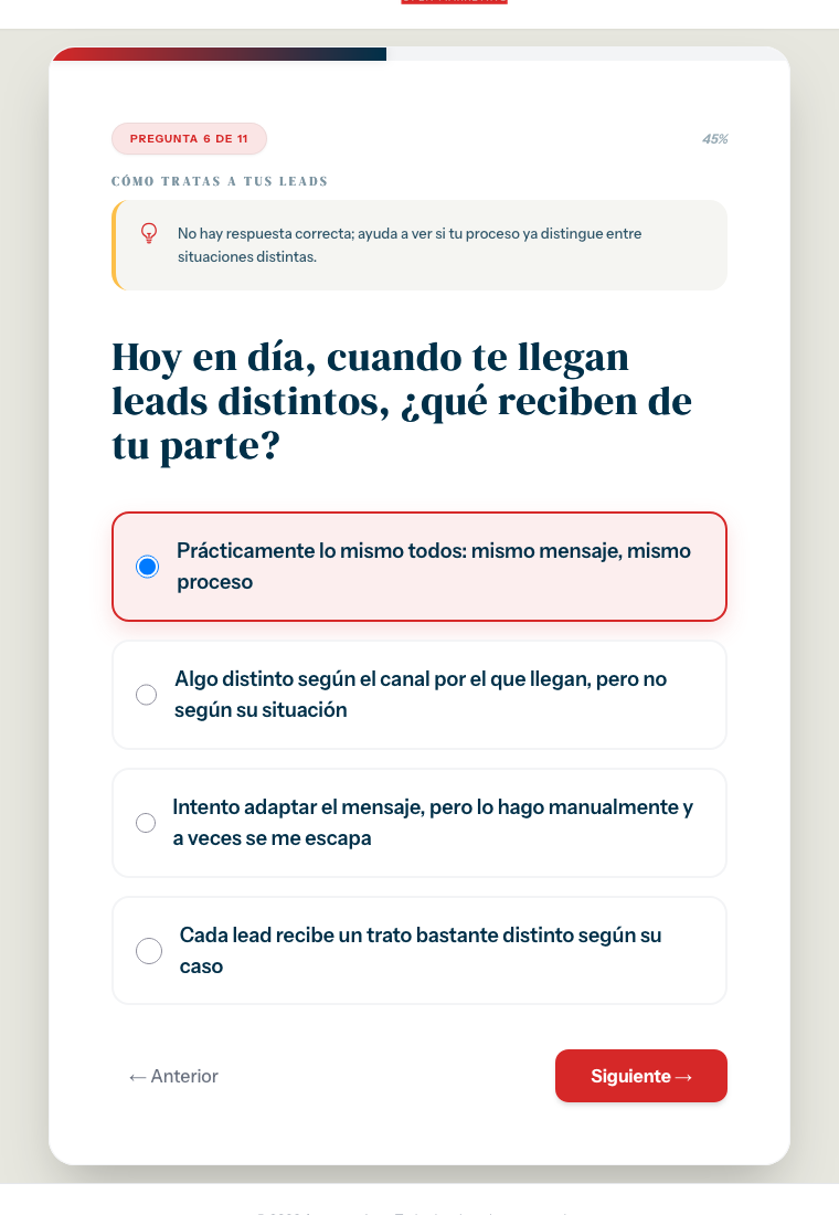 Pregunta del diagnóstico sobre el trato que reciben distintos leads