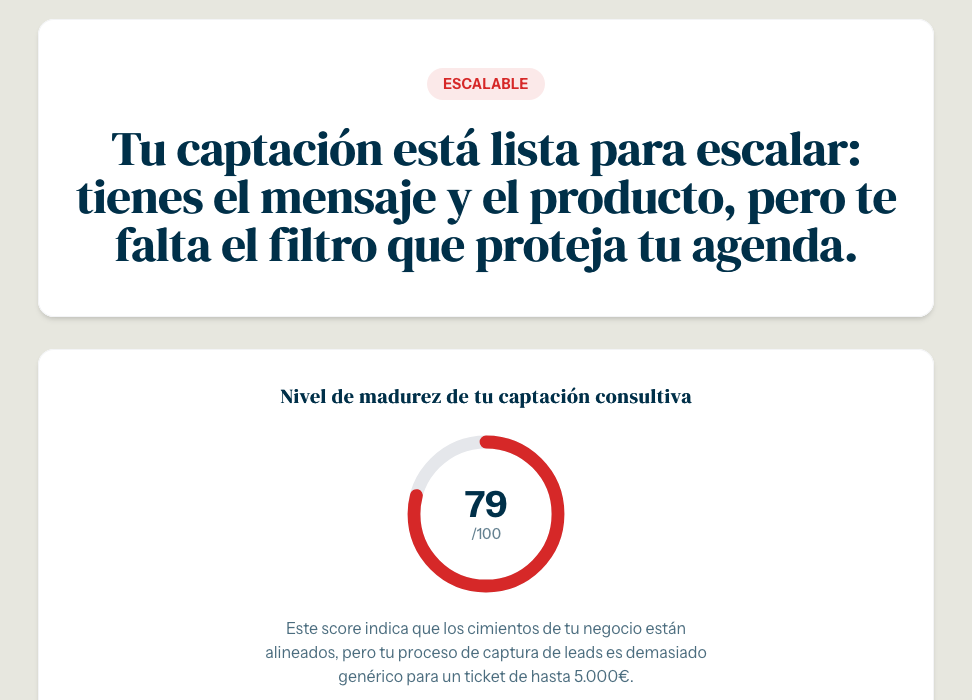 Resultado demo de una captación en estado Escalable con puntuación 79