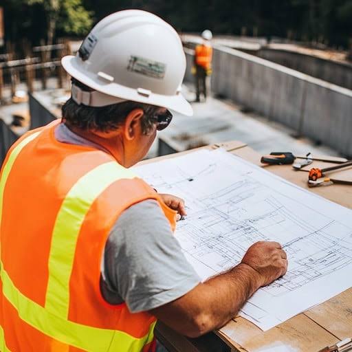 Two tradespeople reviewing measurements and plans on an active project
