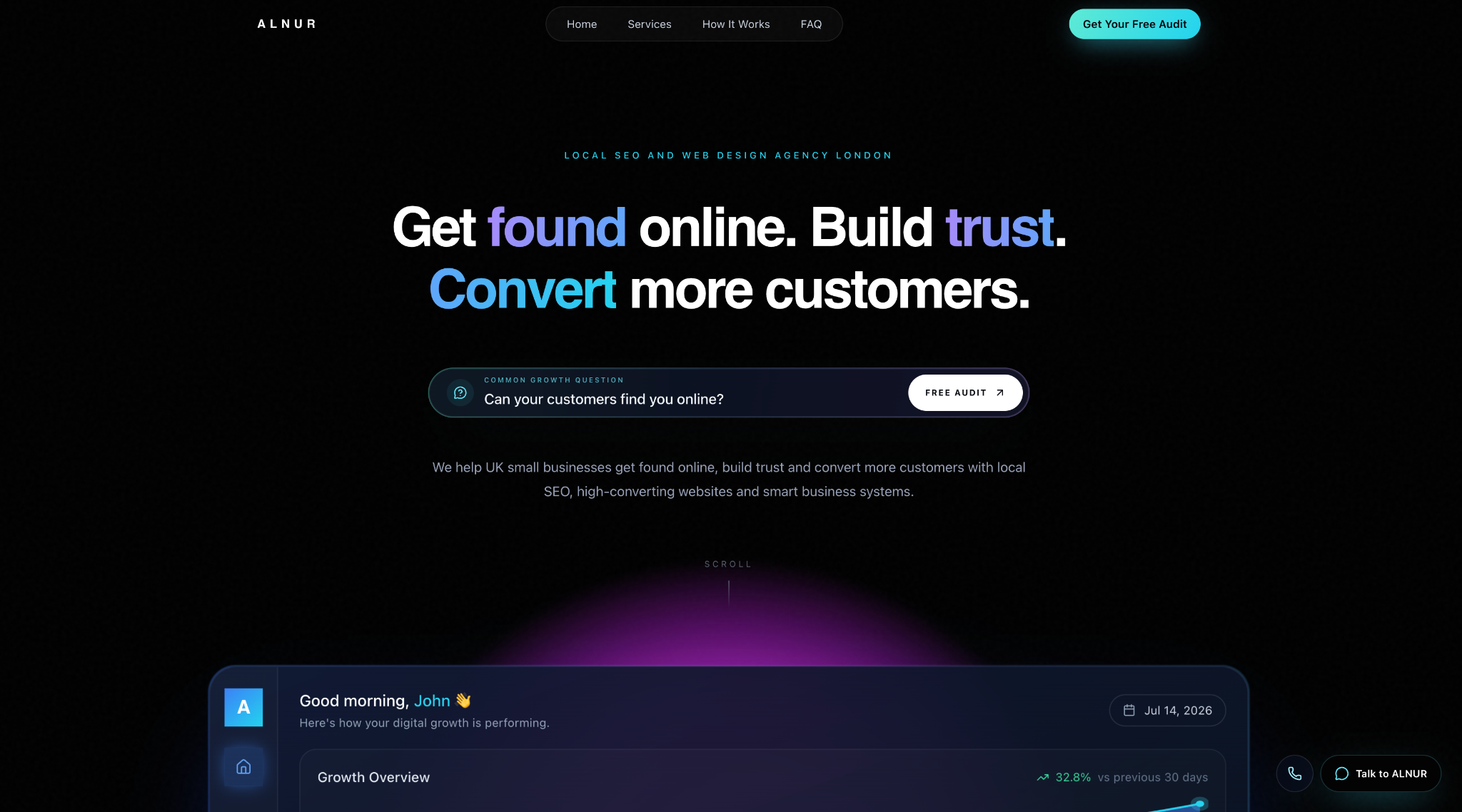 Preview of the new ALNUR website showing its dark design and growth-focused headline