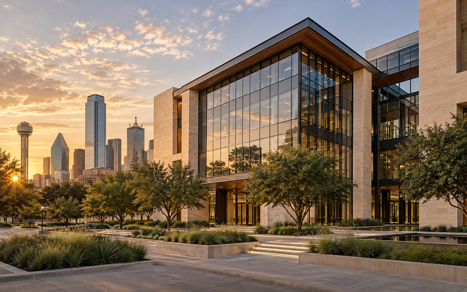 Editorial illustration of a Dallas commercial office development