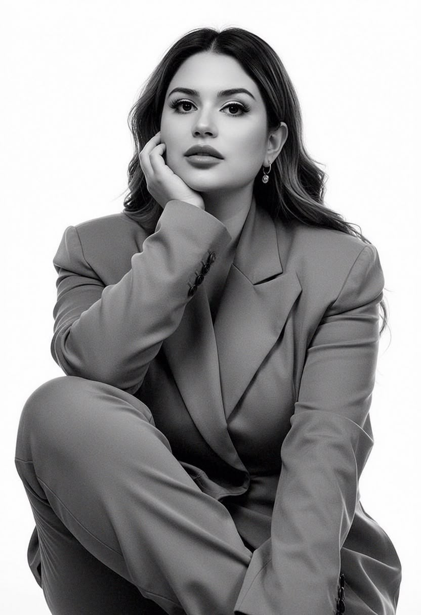 Black-and-white portrait of Denisse Carrera