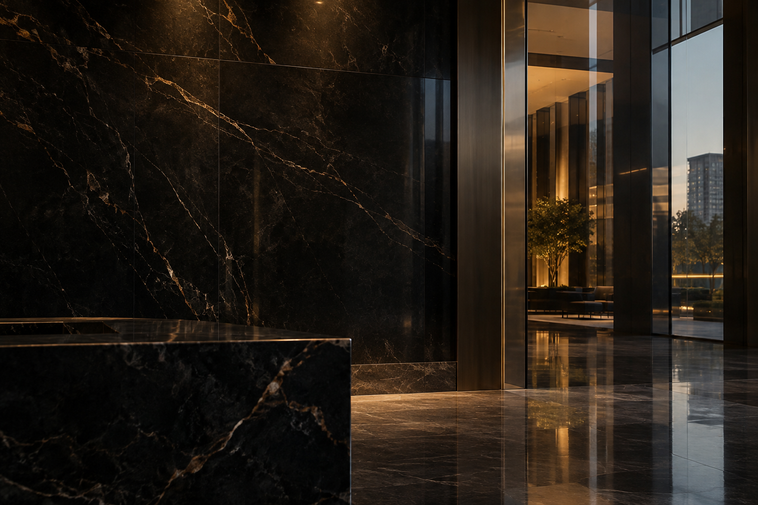 Dark stone and glass architectural detail in a Texas commercial building