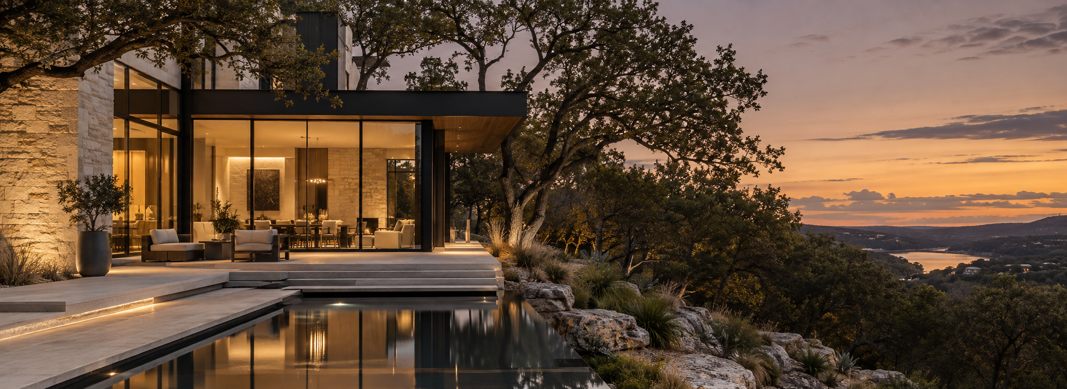 Luxury residential property in Austin, Texas at blue hour