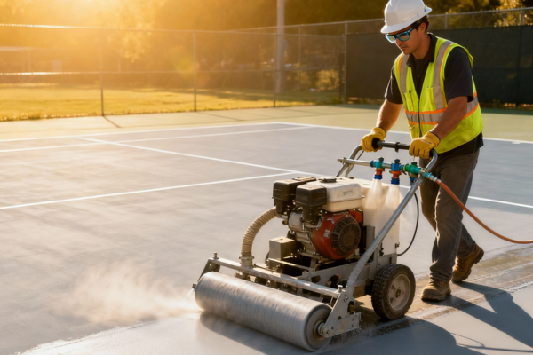 Worker resurfacing a tennis court with professional equipment Worker resurfacing a tennis court with professional equipment