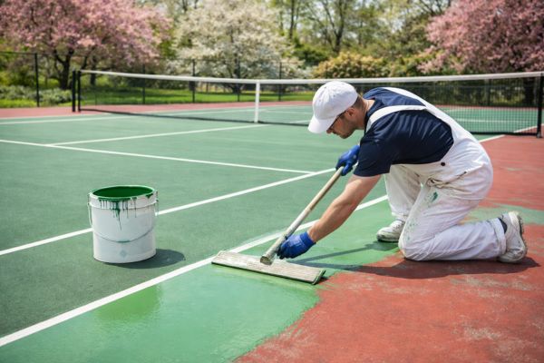 man resurfacing a court during spring season man resurfacing a court during spring season