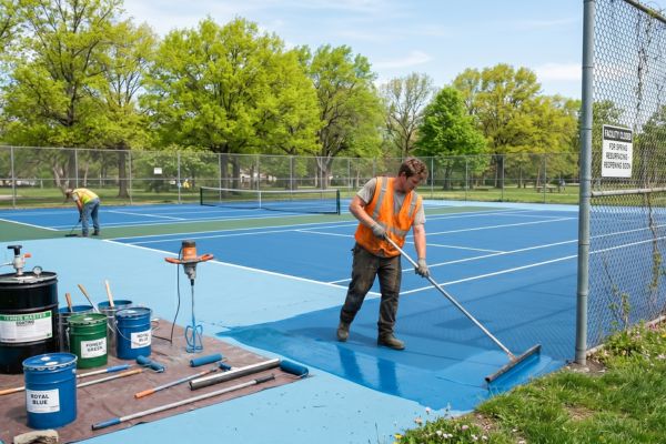 man resurfacing a tennis court in spring season