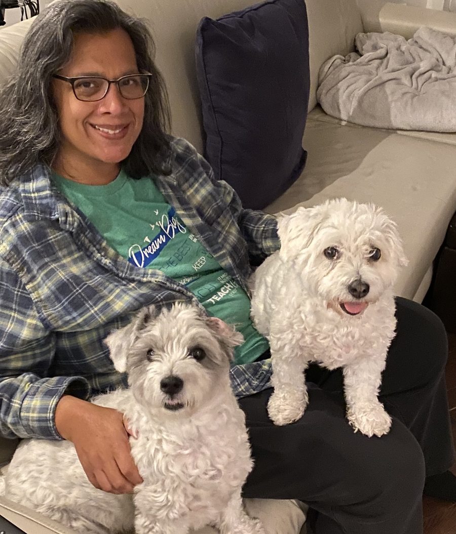 Dr. Julia Sen at home with her two dogs