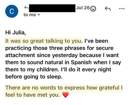 Parent testimonial screenshot, name blacked out