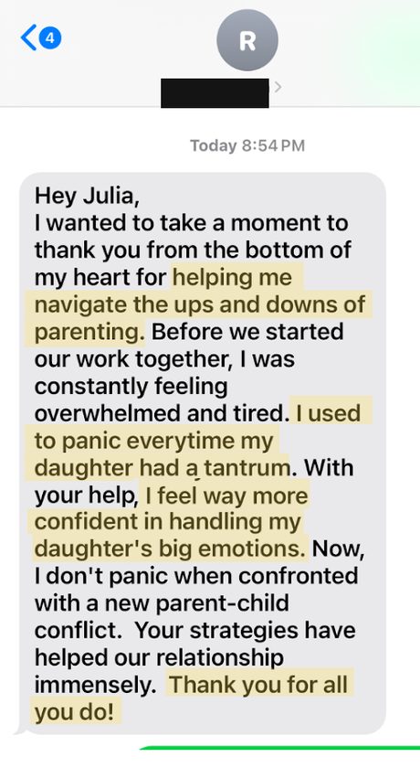 Parent testimonial screenshot, name blacked out
