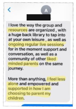 Parent testimonial screenshot, name blacked out