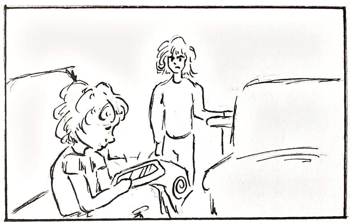 Child absorbed in a tablet while a parent looks on