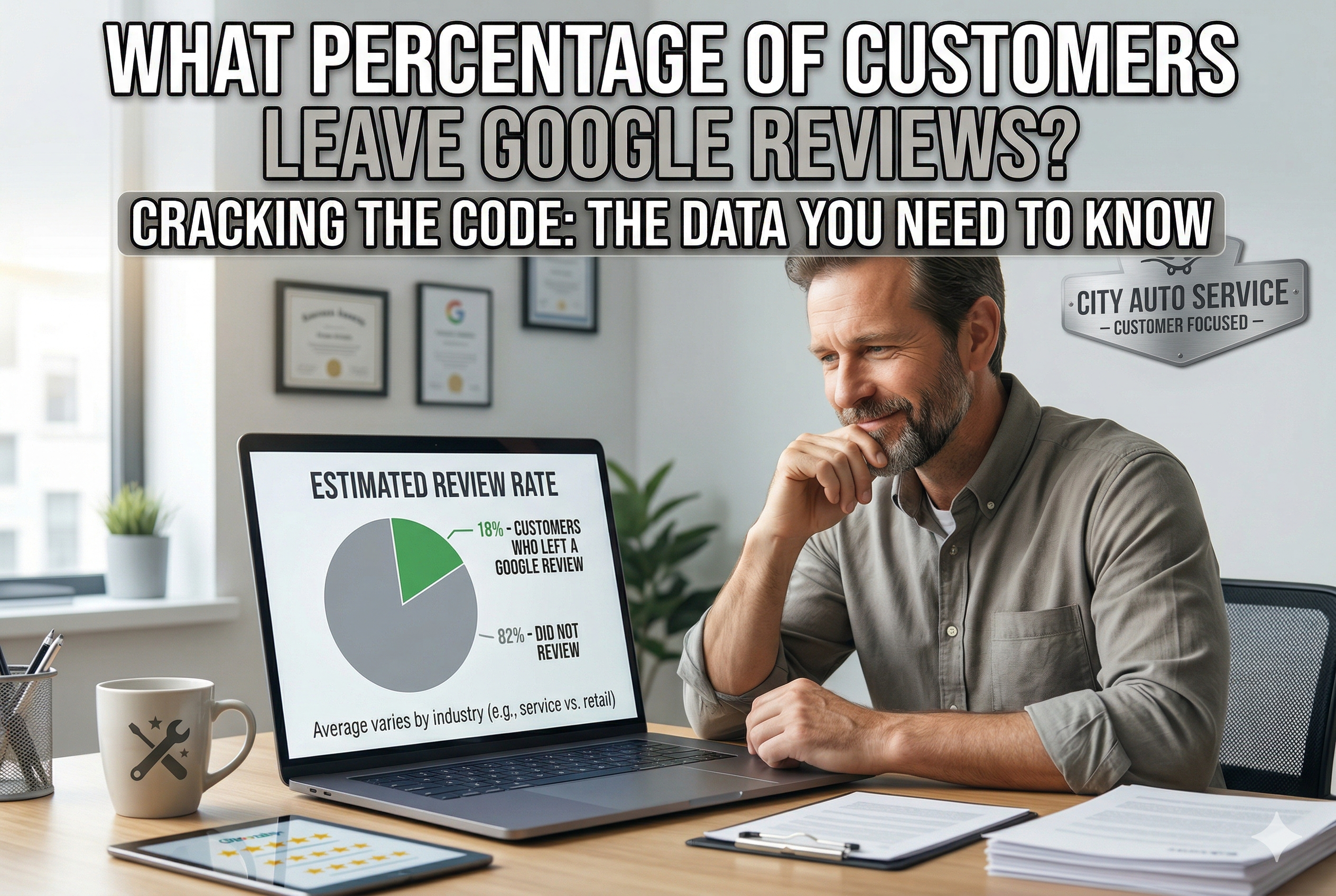 A man looking at a laptop screen displaying a pie chart about the percentage of customers who leave Google reviews, with text overlay asking "What Percentage of Customers Leave Google Reviews?"