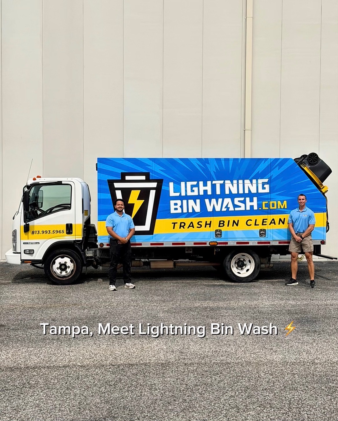 Lightning Bin Wash owners Cameron and Sabit with their trash bin cleaning truck in Tampa Bay