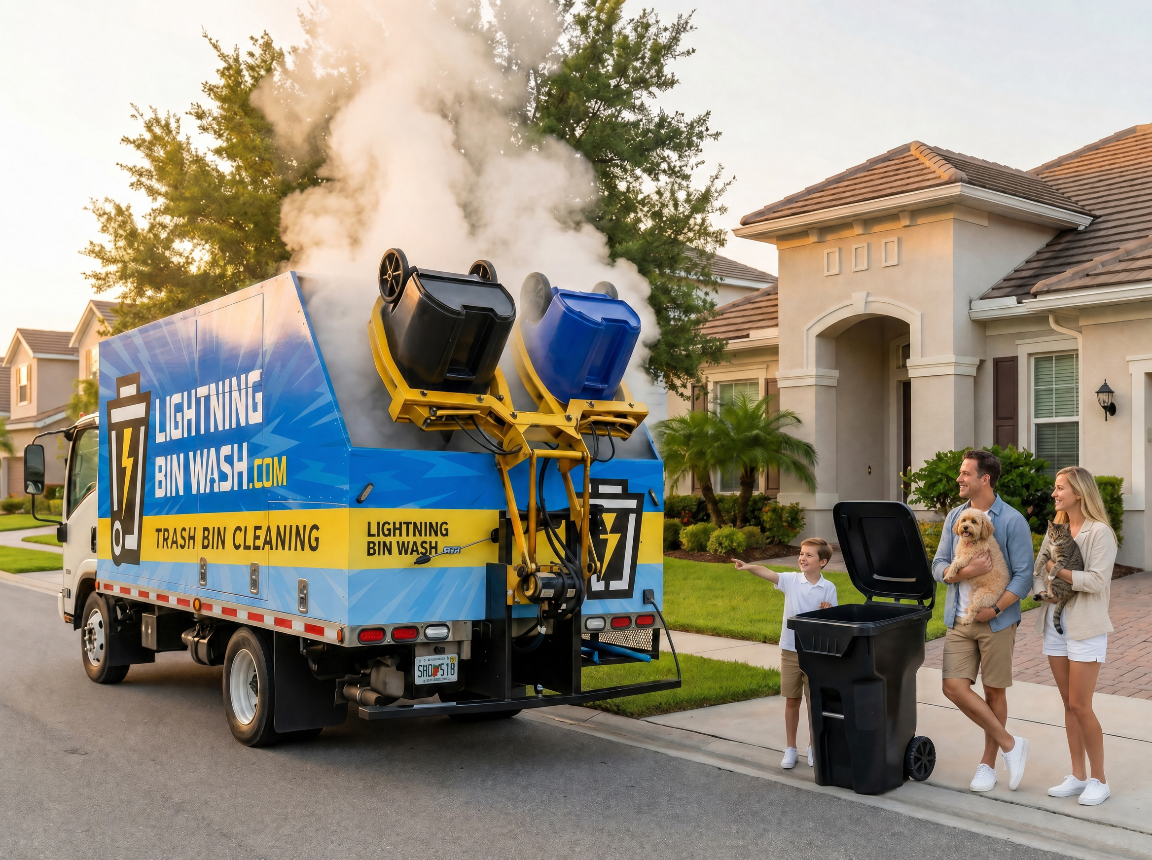 Lightning Bin Wash truck steam-cleaning two trash bins at the curb of a home in Brandon, FL