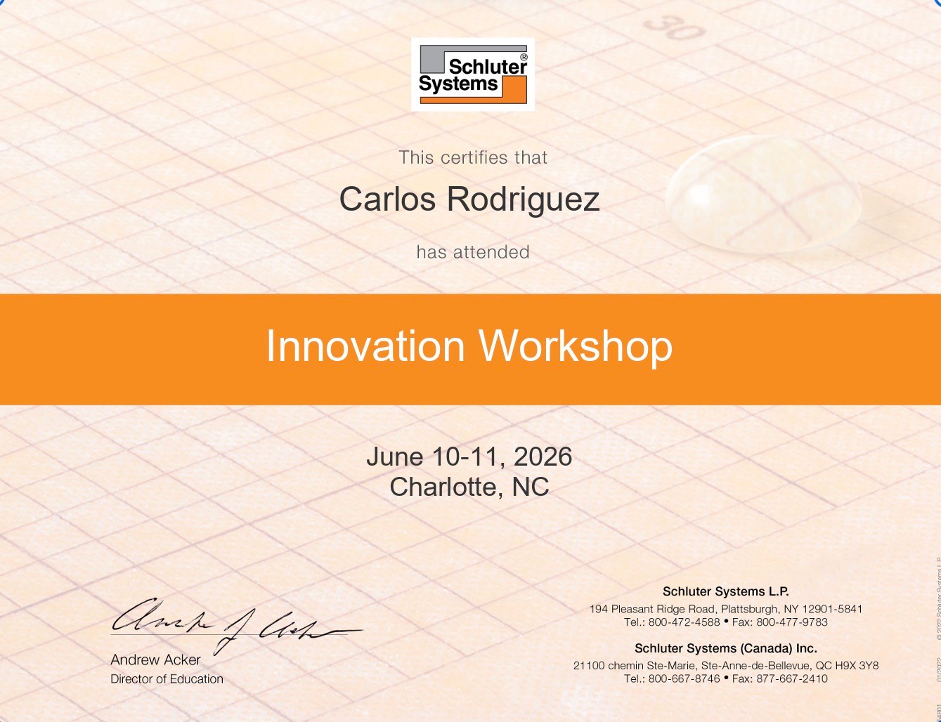 Schluter Innovation Workshop attendance certificate for Carlos Rodriguez, June 10–11, 2026, Charlotte, NC.