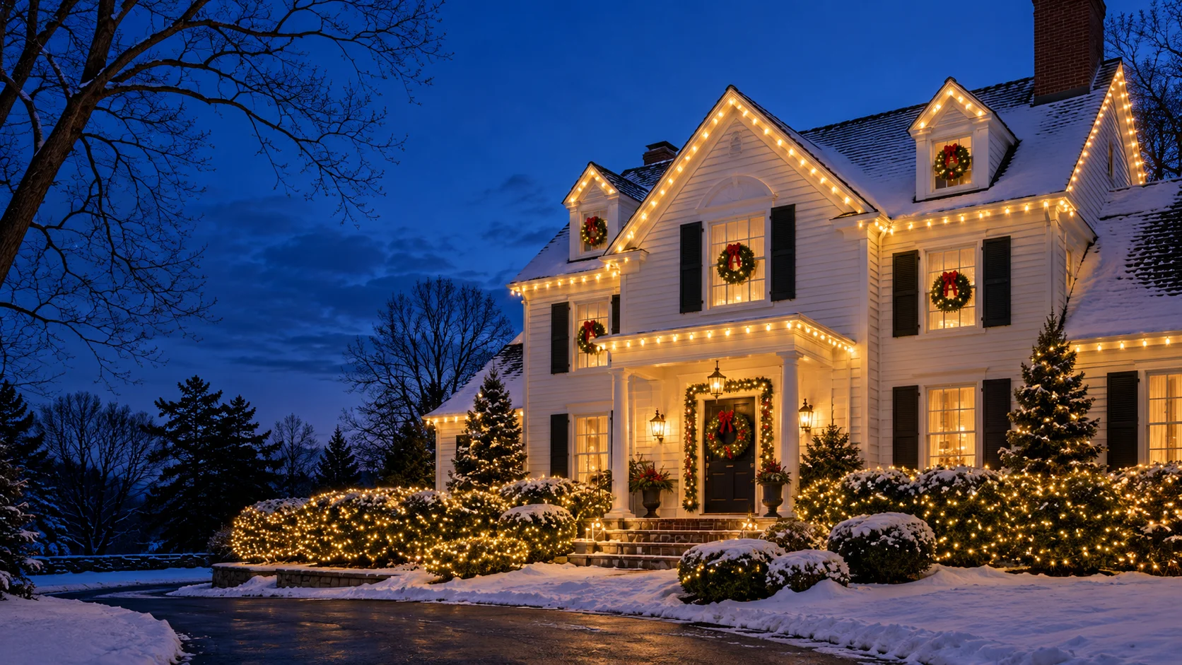 Holiday design inspiration: a snowy New England colonial with golden roofline lights and red-bow wreaths