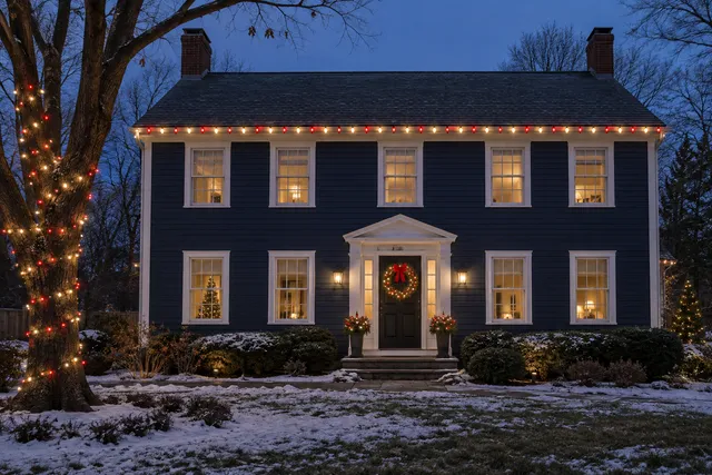 Red & white Christmas lighting on a medium two-story navy New England colonial, simple rectangular windows, centered door, white trim, bare oak and patchy snow